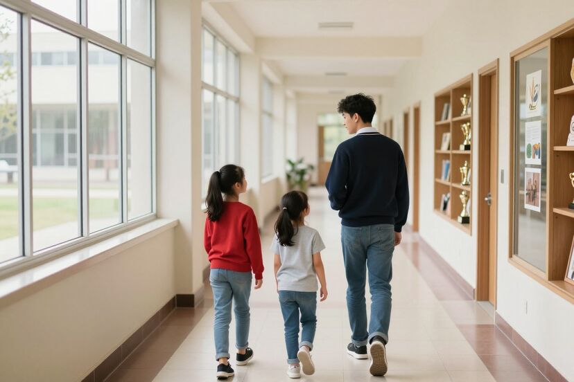 A student guide leading a family on a campus tour